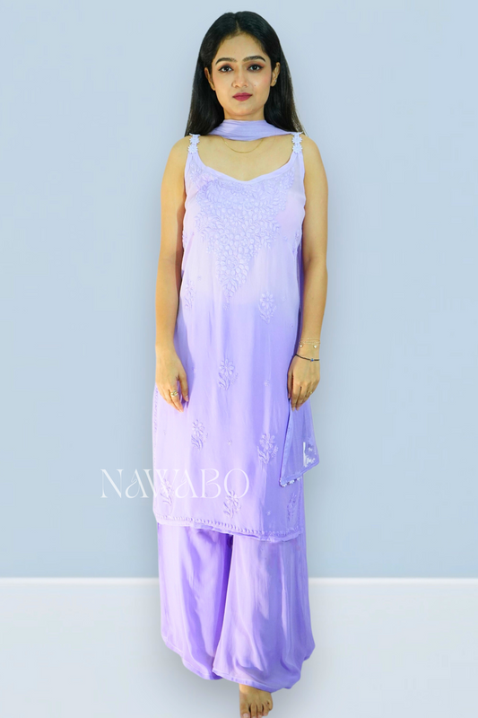 Chikankari Mouve Ombre Strappy Kurta Set with Dupatta