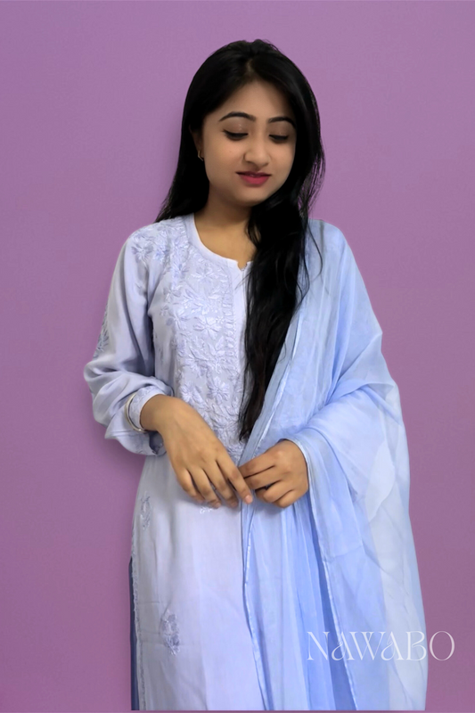 Chikankari Shaded Blue Kurta Set with Dupatta