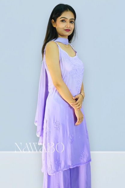 Chikankari Mouve Ombre Strappy Kurta Set with Dupatta