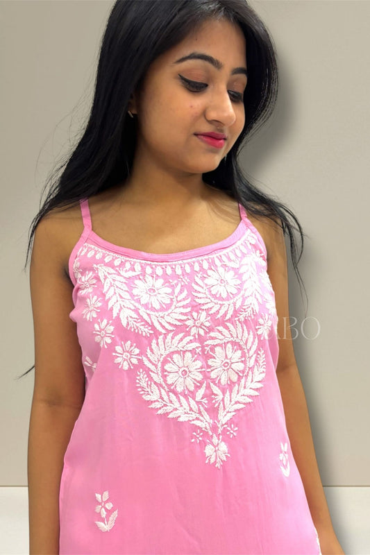 Chikankari Strappy Short Kurta Pink