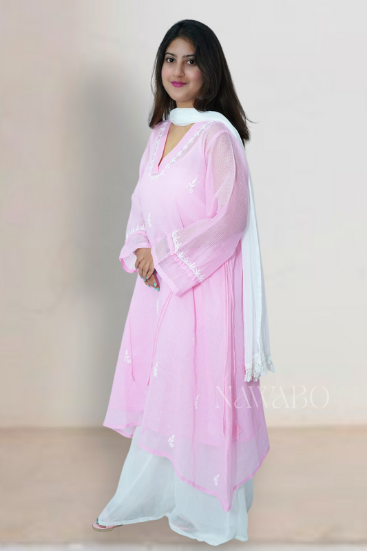 Chikankari Rosé Cloud Long Kurta Dress with Slip
