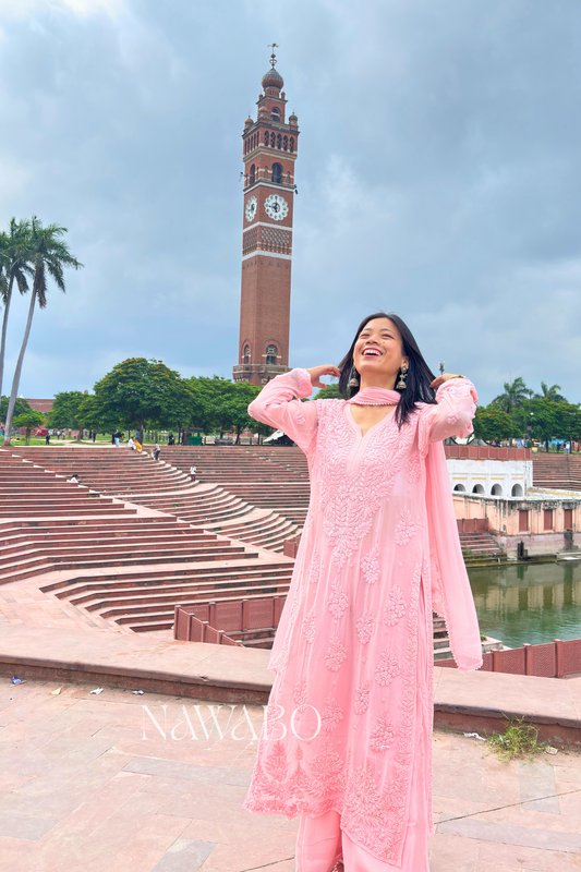 Chikankari Peach Ombre Kurta Set with Dupatta