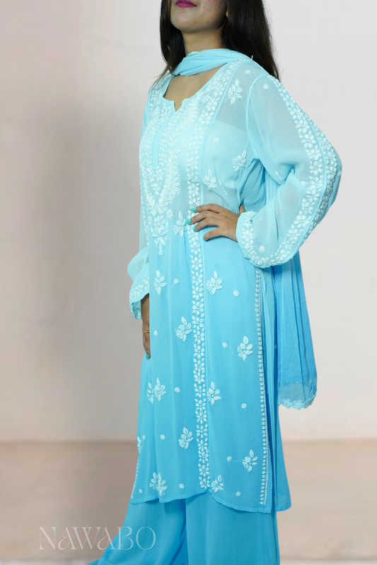 Chikankari Blue Ombre Kurta Set with Dupatta
