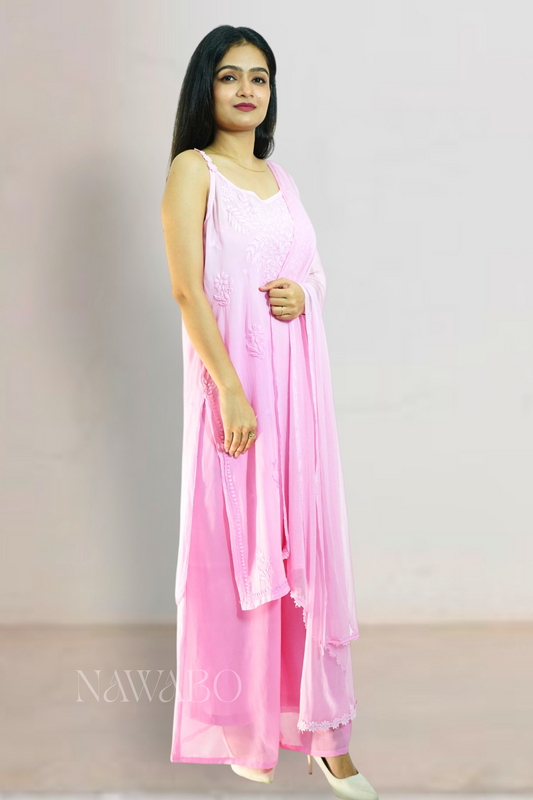 Chikankari Pink Ombre strap kurta set with dupatta