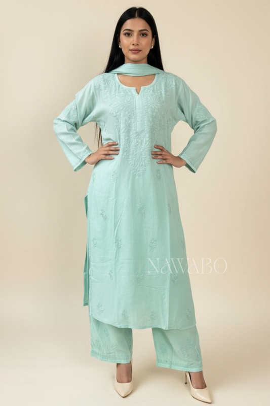 Chikankari Celestial Mint Shaded Kurta Set with Dupatta