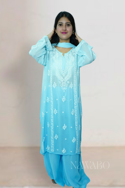 Chikankari Blue Ombre Kurta Set with Dupatta