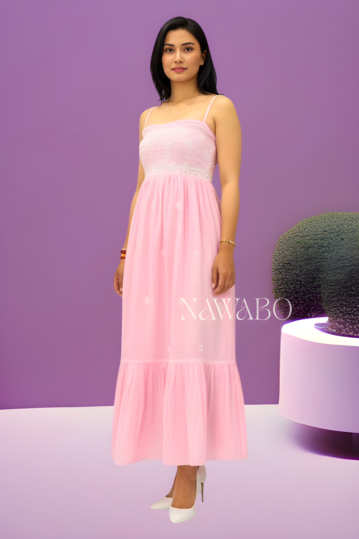 Chikankari Blush Pink Strappy Long Dress