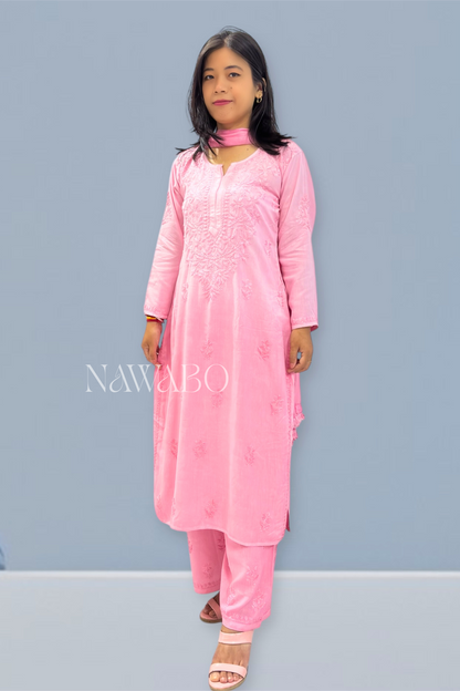 Chikankari Shaded Rose Kurta Set with Dupatta