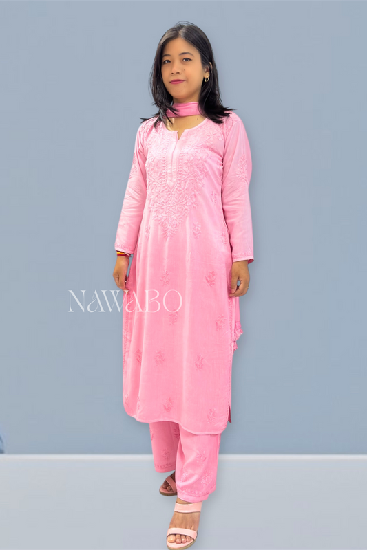 Chikankari Shaded Rose Kurta Set with Dupatta