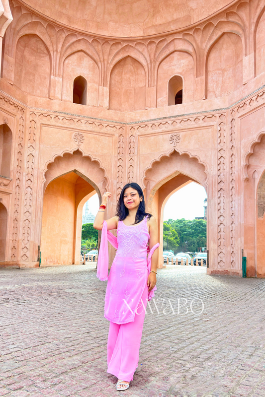 Chikankari Pink Ombre Strap Kurta Set with Dupatta