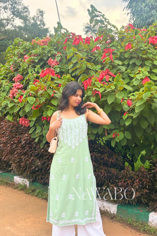 Chikankari Strappy Long Kurta Pista Green