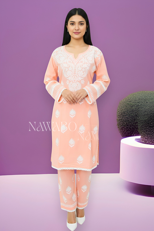 Chikankari Peach Kurta Set Cotton