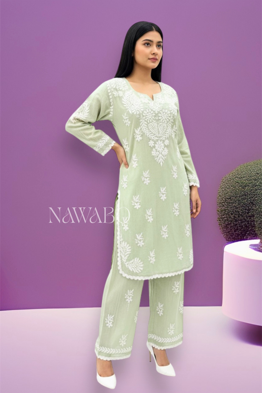 Chikankari dusty green kurta set cotton