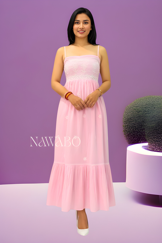 Chikankari Blush Pink Strappy Long Dress