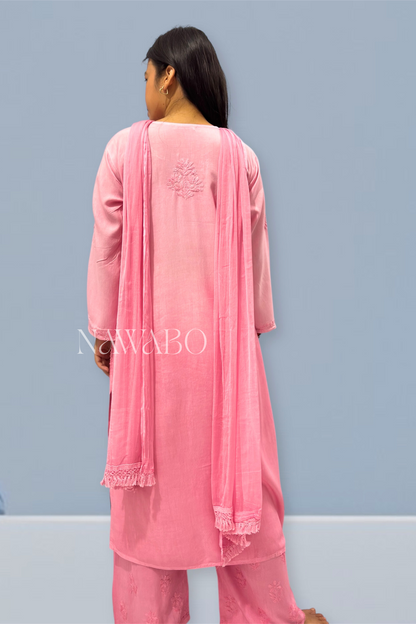 Chikankari Shaded Rose Kurta Set with Dupatta
