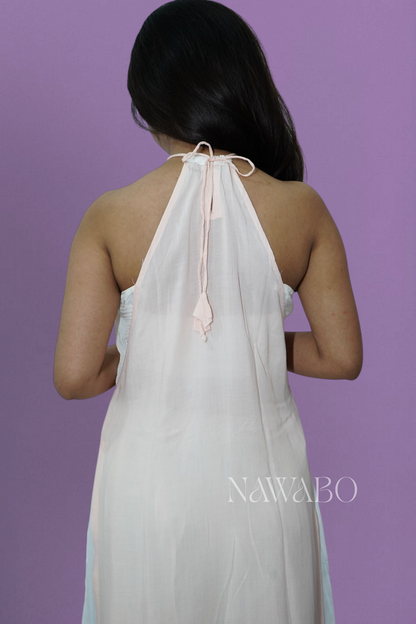 Chikankari Peach Halter Neck kurta with Back Dori