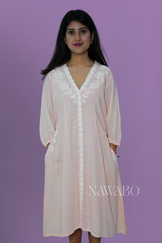 Chikankari peach Fuzz lacy Dress with pockets