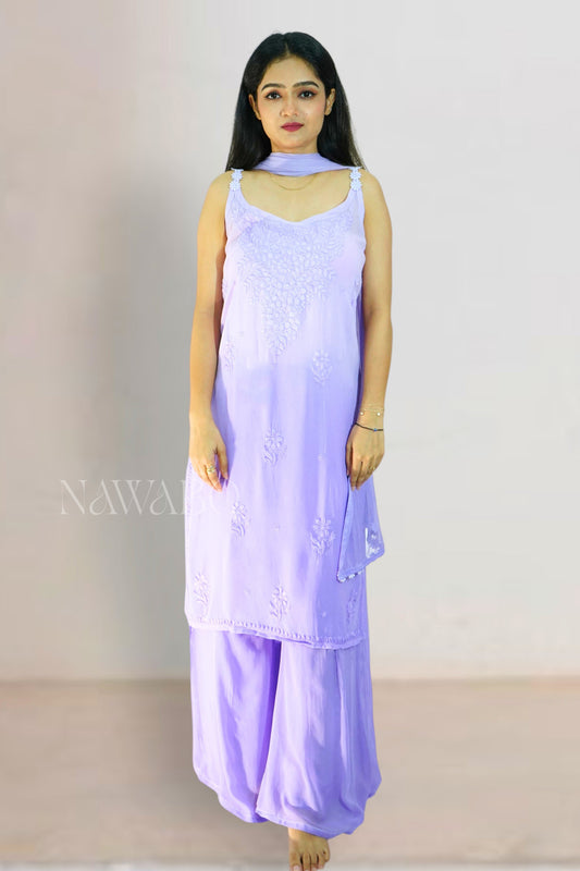 Chikankari Mouve Ombre strap kurta set with dupatta