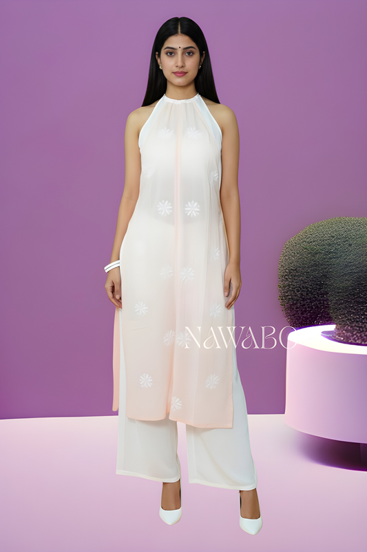 Chikankari Peach Halter Neck kurta with Back Dori