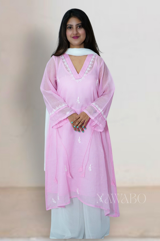 Chikankari Rosé Cloud Long Kurta Dress with Slip
