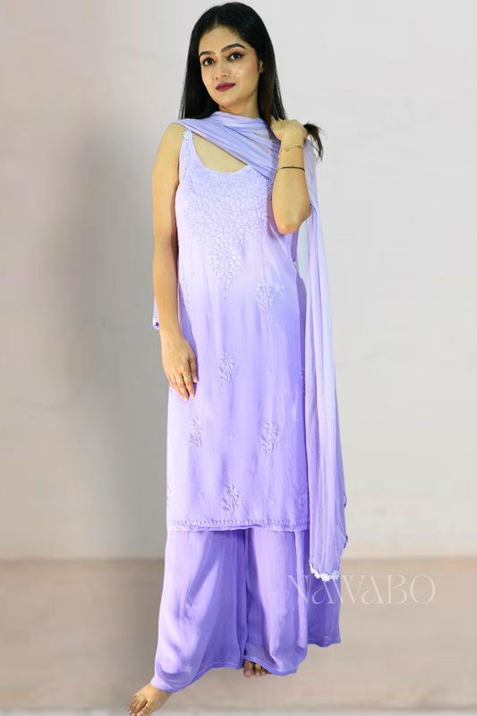Chikankari Mouve Ombre strap kurta set with dupatta