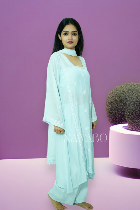 Chikankari Kurta Set Blue Muslin