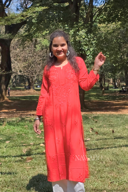 Chikankari Red kurta with Mukaish Work