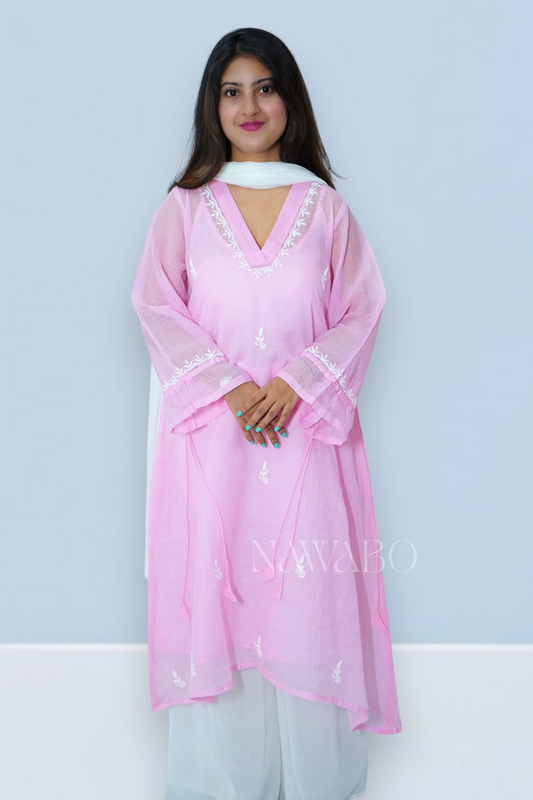 Chikankari Rosé Cloud Long Kurta Dress with Slip