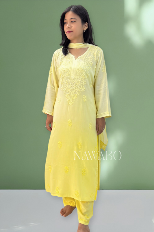 Chikankari Shaded Yellow Kurta Set with Dupatta
