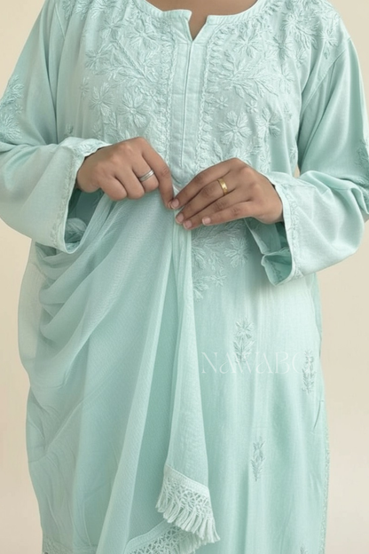 Chikankari Celestial Mint Shaded Kurta Set with Dupatta