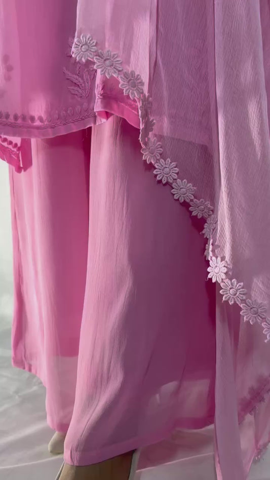 Chikankari Pink Ombre strap kurta set with dupatta